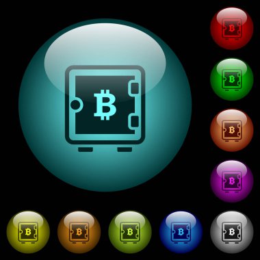 Renkli ışıklı küresel cam düğmeler siyah arka plan üzerine Bitcoin güçlü bir kutu simgeler. Siyah veya koyu şablonları için kullanılabilir