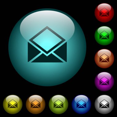 Renkli ışıklı küresel cam düğmeler siyah arka plan üzerine açık posta simgeler. Siyah veya koyu şablonları için kullanılabilir