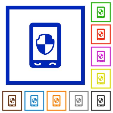 Kare kare beyaz arka plan üzerinde mobil koruma düz renk simgeleri