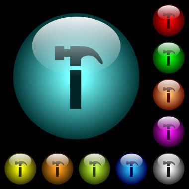Renkli ışıklı küresel cam düğmeler siyah arka plan üzerine tek çekiç simgeler. Siyah veya koyu şablonları için kullanılabilir