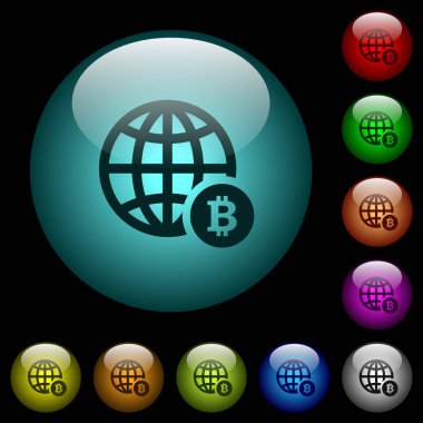 Renkli ışıklı küresel cam düğmeler siyah arka plan üzerine online Bitcoin ödeme simgeler. Siyah veya koyu şablonları için kullanılabilir