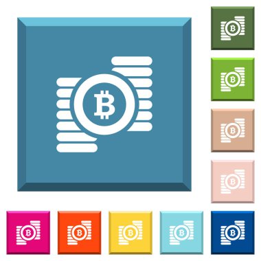 Bitcoins simgeleri çeşitli moda renklerde ucu keskin kare düğmeleri beyaz