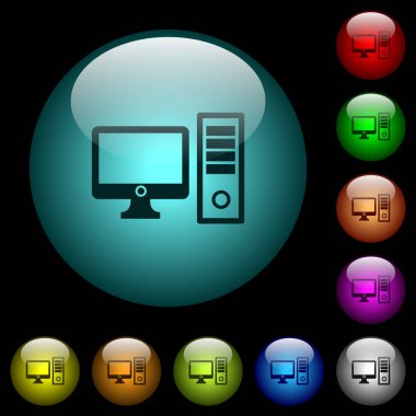 Renkli ışıklı küresel cam düğmeler siyah arka plan üzerine masaüstü bilgisayar simgeler. Siyah veya koyu şablonları için kullanılabilir
