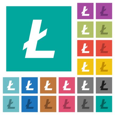 Litecoin dijital cryptocurrency çok düz simgeler düz kare arka plan üzerinde renkli. Beyaz ve koyu kutsal kişilerin resmi varyasyon hover veya etkin efektleri dahil.