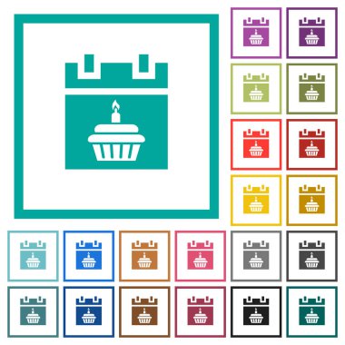 Doğum günü düz renk simgeleri beyaz arka plan üzerinde çeyreği çerçeveli