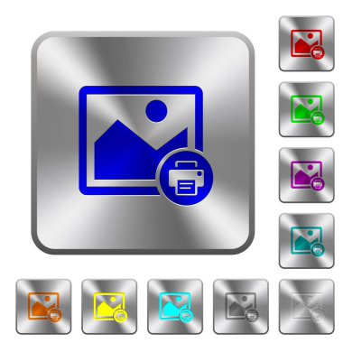 Yazdırma görüntüsü simgeler Yuvarlatılmış kare parlak çelik düğmeler üzerinde kazınmış.