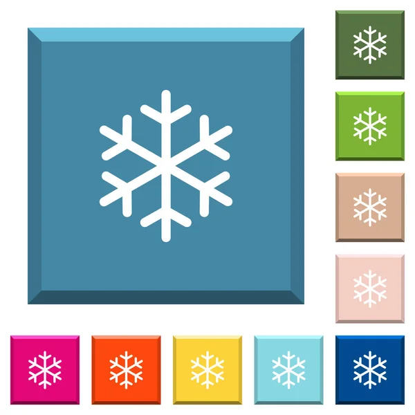 Single Snowflake White Icons Edged Square Buttons Various Trendy Colors — Stock Vector
