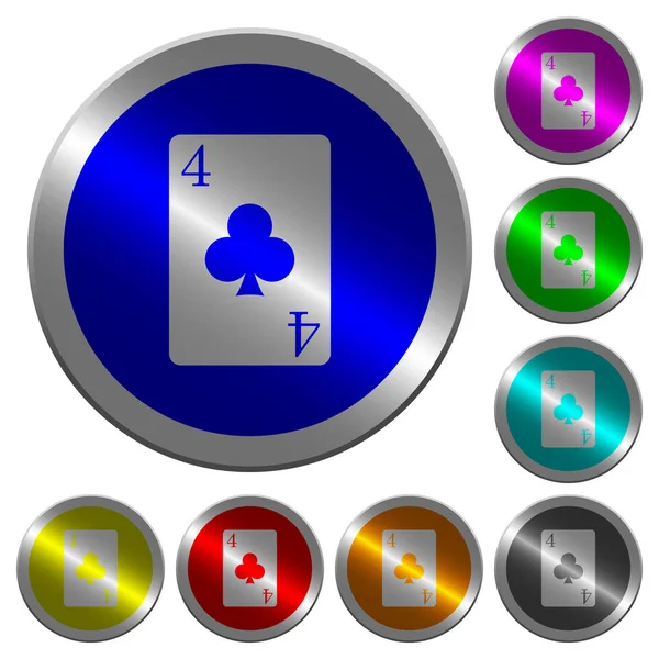Quatre Des Icônes Cartes Clubs Sur Des Boutons Ronds Lumineux — Image vectorielle