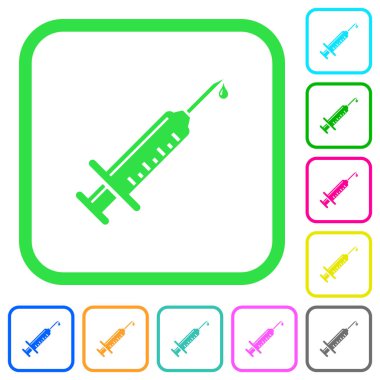 Beyaz arka plan üzerinde eğri sınırları içinde düz simgeler şırınga ile damla canlı renkte