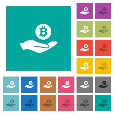 Bitcoin kazanç çok düz simgeler düz kare arka plan üzerinde renkli. Beyaz ve koyu kutsal kişilerin resmi varyasyon hover veya etkin efektleri dahil.