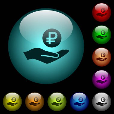 Renkli ışıklı küresel cam düğmeler siyah arka plan üzerine Rublesi kazancı simgeler. Siyah veya koyu şablonları için kullanılabilir