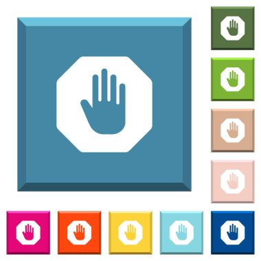 Dur işareti beyaz simgeleri çeşitli moda renklerde ucu keskin kare düğmeler üzerinde sekizgen şeklinde