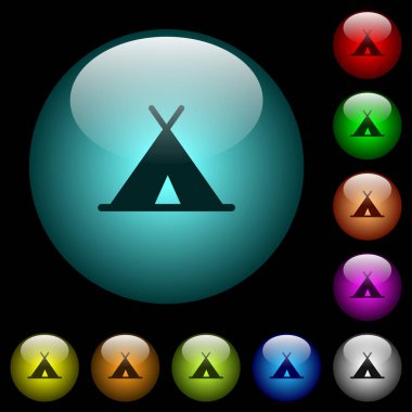 Renkli ışıklı küresel cam düğmeler siyah arka plan üzerinde çadır simgeler. Siyah veya koyu şablonları için kullanılabilir