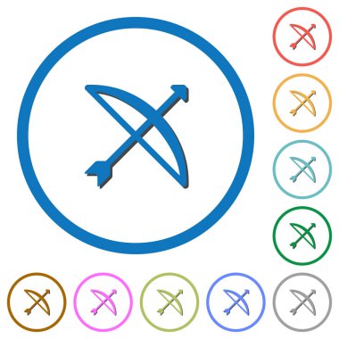 Ok düz renk vektör simgeleri ile beyaz arka plan üzerinde yuvarlak özetliyor gölgelerde ile yay