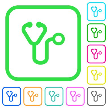 Beyaz arka plan üzerinde eğri sınırları içinde düz simgeler stetoskop canlı renkte