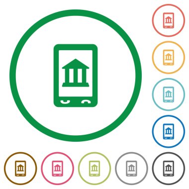 Mobil yuvarlak özetliyor düz renk simgeleri beyaz zemin üzerine bankacılık