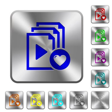 Favori şarkı listesi simgeleri Yuvarlatılmış kare parlak çelik düğmeler üzerinde kazınmış.