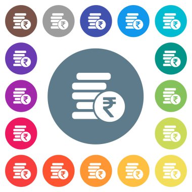 Hindistan Rupisi yuvarlak renkli arka planlar üzerinde düz beyaz simgeler paraları. 17 arka plan renk değişimleri dahil.