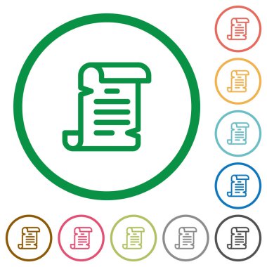 Yuvarlak kağıt kaydırma düz renkli simgeler beyaz arka plan üzerinde anahatları