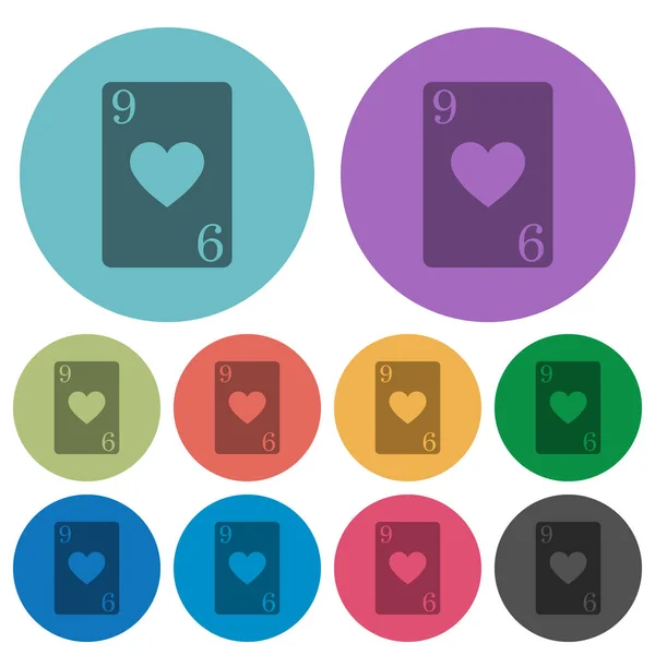 Neun Der Herzen Karte Dunklere Flache Symbole Auf Farbe Runden — Stockvektor
