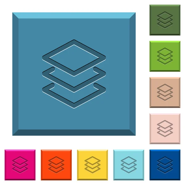 Vrstvy Vyryto Ikony Omítané Čtverečních Tlačítek Různých Módních Barvách — Stockový vektor