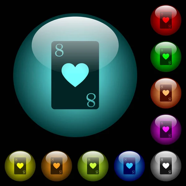 心のカード黒い背景に色照らされた球形ガラス ボタンのアイコンです 黒または暗い色のテンプレートを使用することができます — ストックベクタ