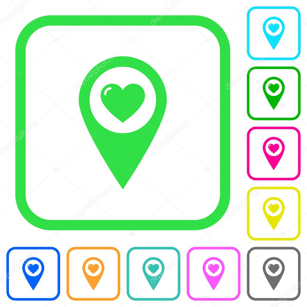 Favorite GPS map location vivid colored flat icons in curved borders on white background