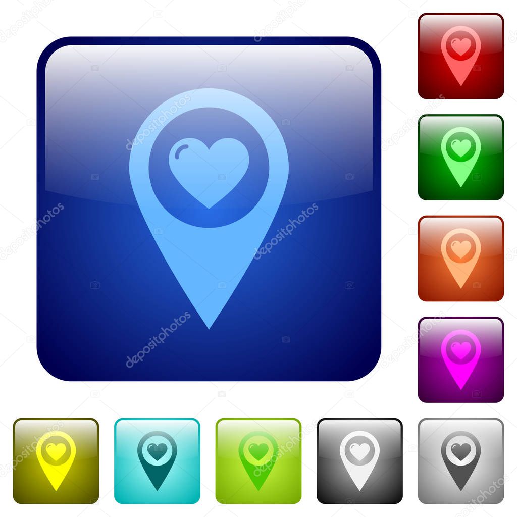 Favorite GPS map location icons in rounded square color glossy button set