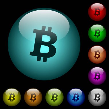 Renkli ışıklı küresel cam düğmeler siyah arka plan üzerine Bitcoin dijital cryptocurrency simgeler. Siyah veya koyu şablonları için kullanılabilir