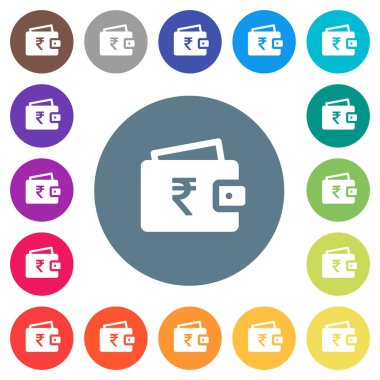 Hindistan Rupisi cüzdan düz beyaz simgeleri yuvarlak renkli arka planlar. 17 arka plan renk değişimleri dahil.