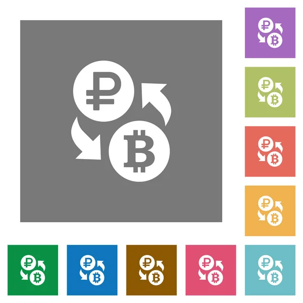 Rublo Bitcoin Cambio Moneda Iconos Planos Sobre Fondos Cuadrados Color — Vector de stock