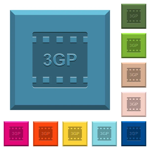 Filmy 3Gp Format Grawerowane Ikony Krawędziach Kwadratowe Przyciski Modnych Kolorach — Wektor stockowy