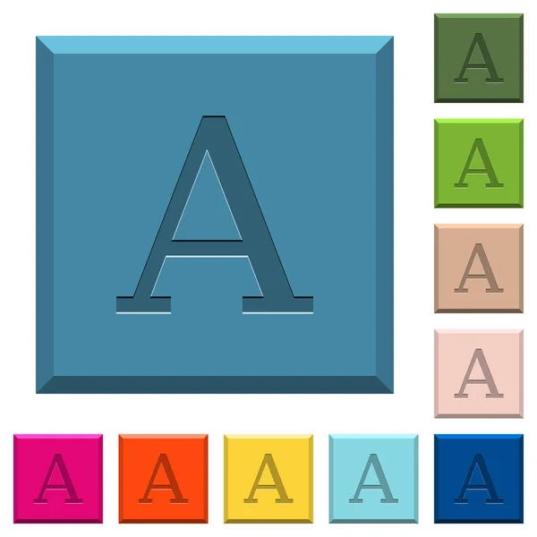 Lettertype Gegraveerd Pictogrammen Geslepen Vierkante Knoppen Verschillende Trendy Kleuren — Stockvector