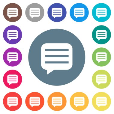 Yuvarlak renkli arka planlar üzerinde satır düz beyaz simgeler içeren ileti kutusu. 17 arka plan renk değişimleri dahil.