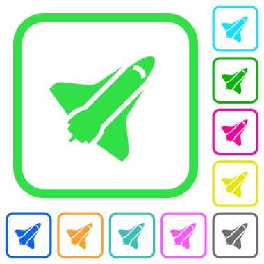 Beyaz arka plan üzerinde eğri sınırları uzay mekiği canlı renkli düz simgeler