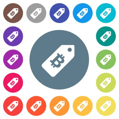 Bitcoin fiyat etiketi düz beyaz simgeleri yuvarlak renkli arka planlar. 17 arka plan renk değişimleri dahil.