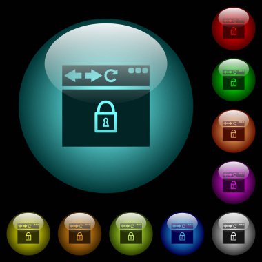 Tarayıcı renkli ışıklı küresel cam düğmeler siyah arka plan üzerinde güvenli simgeler. Siyah veya koyu şablonları için kullanılabilir