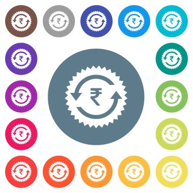 Geri ödeme Rupisi garanti yuvarlak renkli arka planlar üzerinde etiket düz beyaz simgeler. 17 arka plan renk değişimleri dahil.
