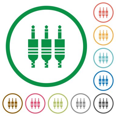 Analog jack konektörleri düz renk simgeleri beyaz arka plan üzerinde yuvarlak özetliyor