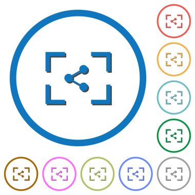 Kamera paylaşım görüntü düz renk vektör simgeler beyaz arka plan üzerinde yuvarlak özetliyor gölgelerde ile