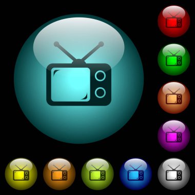 Renkli ışıklı küresel cam düğmeler siyah arka plan üzerine Vintage retro televizyon simgeler. Siyah veya koyu şablonları için kullanılabilir