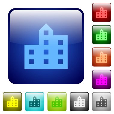 Şehir siluet simgeler Yuvarlatılmış kare renkli parlak düğme olarak ayarla