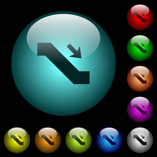 Eskalátoru Dolů Znamení Ikony Barvě Osvětlené Sférické Sklo Tlačítka Černém — Stockový vektor