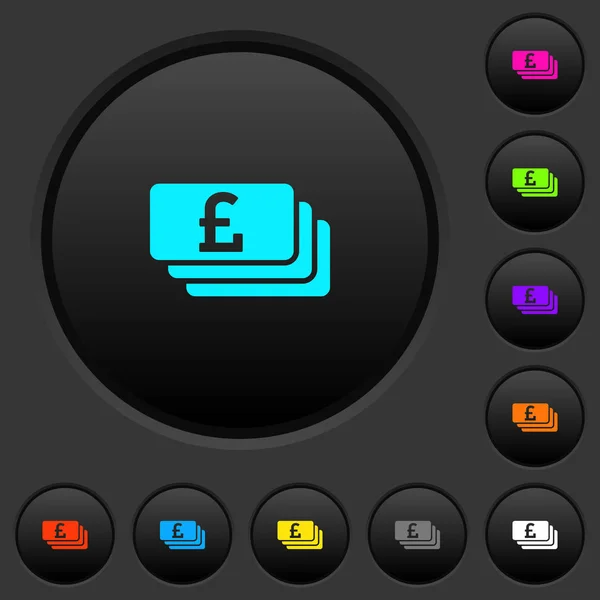 暗い灰色の背景に鮮やかな色のアイコンを持つポンド紙幣暗いプッシュ ボタン — ストックベクタ