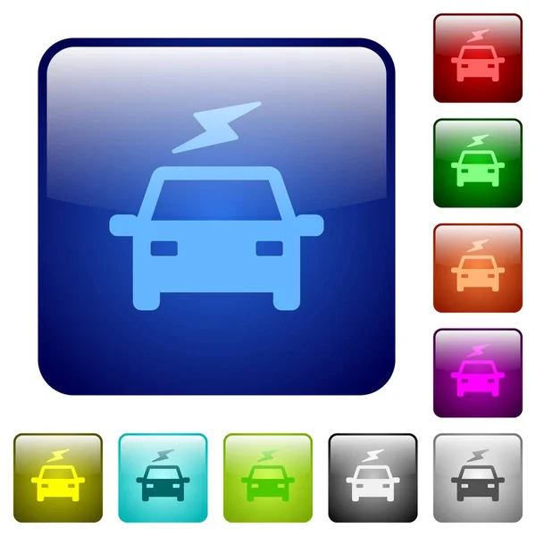 Coche Eléctrico Con Iconos Flash Color Cuadrado Redondeado Brillante Conjunto — Vector de stock