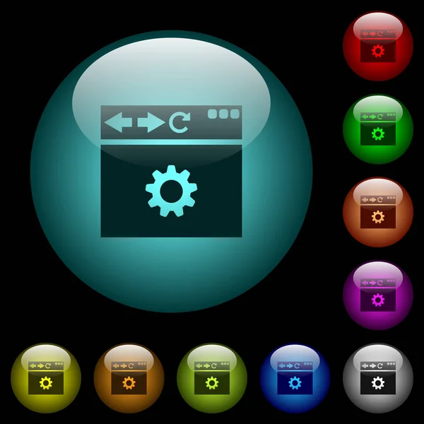 浏览器设置图标在彩色照明球形玻璃按钮黑色背景 可用于黑色或深色模板 — 图库矢量图片