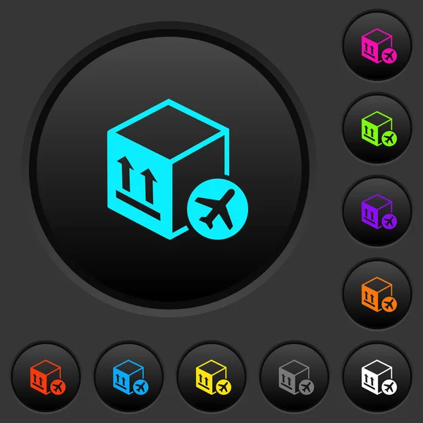 Air package transportation dark push buttons with vivid color icons on dark grey background