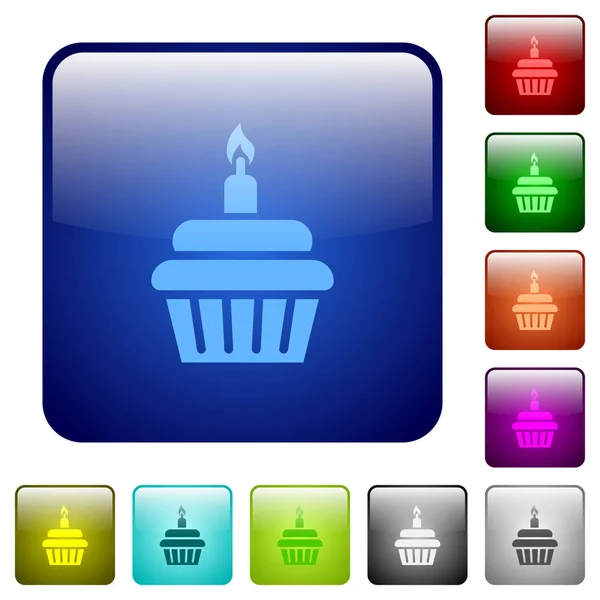 Birthday Cupcake Icons Rounded Square Color Glossy Button Set — Stock Vector