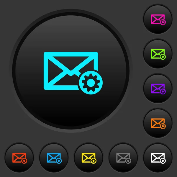 メールの設定暗い暗い灰色の背景に色鮮やかなアイコンとボタンを押す — ストックベクタ