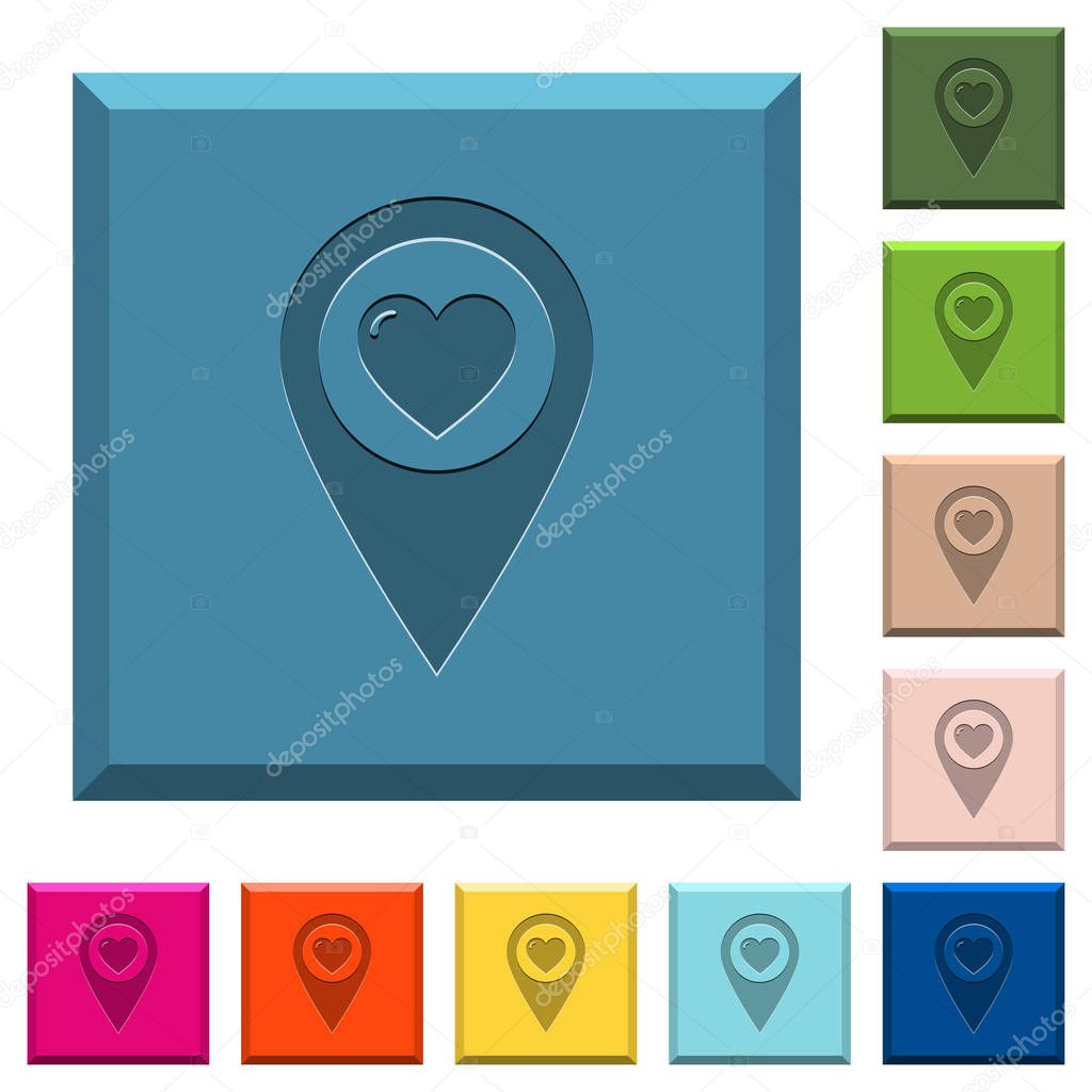 Favorite GPS map location engraved icons on edged square buttons in various trendy colors